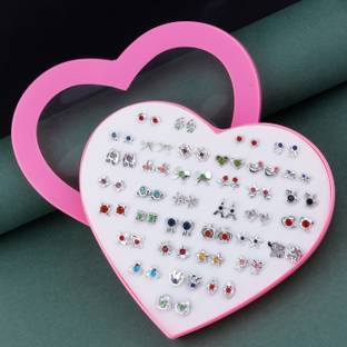 DIVINE 36 pair earrings stud combo with heart shape box for Girls. Plastic Stud Earring Plastic Stud Earring