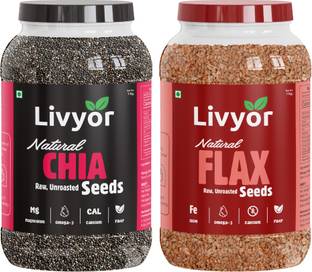 LIVYOR Combo Chia Seeds & Flax Seeds for Weight loss Management- Raw, Protein and Fiber Rich Super Food, Chia Seeds, Brown Flax Seeds