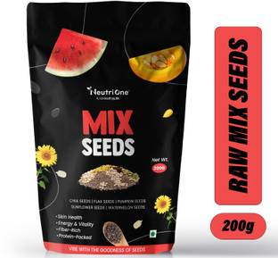 NeutriOne Raw Mix Seeds - 5 in 1 Seeds Mix, Premium Blend | Nutrient-Rich 200g Pack of Chia Seeds, Brown Flax Seeds, Pumpkin Seeds, Sunflower Seeds, Watermelon Seeds