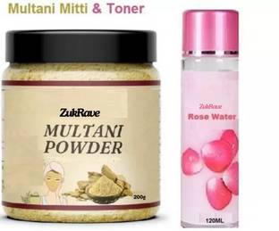 ZukRave Natural Herbal Multani Mitti Powder & Rose Water For Skin Brightning|Tan Remover