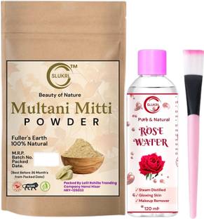 slukrl Multani Mitti face Powder+Rose Water/Gulab Jal+Single Stick Brush Combo Pack