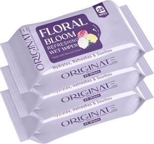 ORIGINATE Floral Bloom Refreshing Wet Wipes for Easy Makeup, Excess Oil Removal-Pack of 3