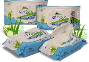 KRESSA Wet Wipes Aloe Vera Cucumber Pack Of 4 Total 120 Wipes PH Balanced