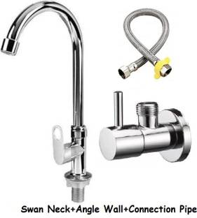 Senkiddpro by Senkiddpro Swan Neck with Angle Wall & Connection pipe Chrome Finish for Sink/washbasin Trendy Design water Saving Aerator Suitable for Washbasin,Sink,Bathroom &Kitchen Bib Tap Faucet