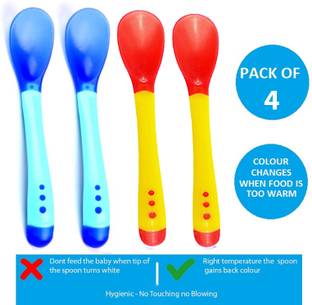 Mopslik Baby Temperature Sensing Silicone Tip Spoons - Pack Of 4 Yellow Blue  - Plastic
