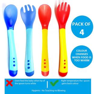 Mopslik Baby Temperature Sensing Silicone Tip Spoon Fork - Pack Of 4 Blue Yellow  - Plastic