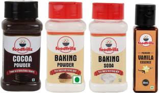 foodfrillz Cocoa Powder, Baking Powder, Baking Soda & Vanilla Essence combo pack for baking cakes, making desserts ice creams, puddings cookies Combo