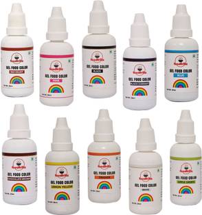 foodfrillz Food Gel Colour for colouring cake, Set of 10 Gel food color (Red Velvet, Pink, Blue, Apple Green, Black Currant, Black, White, Choco Brown, Lemon Yellow, Orange) Multicolor