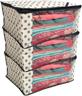 KUBER INDUSTRIES Designer " Non Woven Polka Dots Designer Saree Cover Set of 3 Pcs (Ivory) " NONWOVENNWSC28