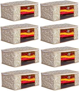 Sameer Enterprises 8 pcs Non Woven Saree Cover/Clothes Organiser For Wardrobe Set Storage Bag with Front View Transparent Window And Zip For Lehenga, Suit, Dress, (Wedding Collection Gift) Premium Qulaity Garment Organizer Pack of 8, Beige