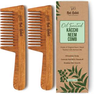 Nat Habit Kacchi Neem Wide Tooth Wooden Comb For Hair Detangling |Men & Women| Pack Of 2