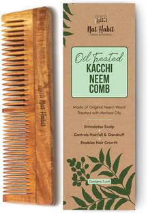 Nat Habit Kacchi Neem Comb, Wooden Comb | Hair Growth, Hairfall, Dandruff Control | Hair Straightening, Frizz Control | Comb for Men, Women | Treated with Neem Oil, Bhringraj & 17 Herbs (Dual Tooth)