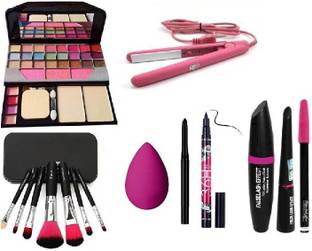 klaty BLACK Smudge Proof Kajal,3in1 Combo set,36h Eyeliner,Washable Makeup Sponge/Puff,Set of 7 BLACK/PINK Makeup Brushes,All in One Best Makeup kit 6155 (Eyeshadow,Blusher,Compact,Lip Gloss) & Professional Hold/Styling Mini Hair Straightener (9 Items in the set) Hair Straightener