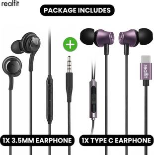REALFIT Wired Earphone Combo – Type-C & 3.5mm Jack | Super Bass, Mic, Tangle-Free Cable Wired