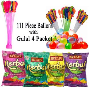 navjai Water Ballon Bunch of 111Pcs with 4Packet Holi Color Gulal Auto Fill & Non Toxic Holi Color Powder Pack of 1