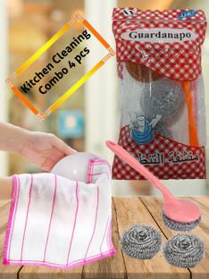 VP Creation NON ABRASIVE CLEANING CLOTH AND STEELO SCRUBBER WITH PLASTIC HANDLE SET Wet and Dry Cotton, Steel, Plastic Cleaning Cloth