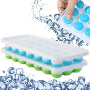 RBGIIT Ice Cube for Freezer with Lid 21 Cavaties with Pop Up Easy Release Blue, Green Silicone Ice Ball Tray