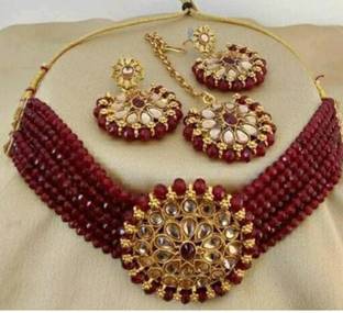 SKP Alloy Gold-plated Maroon, White, Gold Jewellery Set