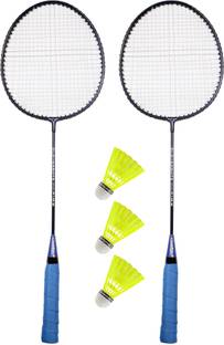 MINIBLITZ Single Shaft Iron Badminton Kit Set of 2 Rackets With 3 Nylon Shuttlescocks Badminton Kit