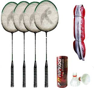 Hipkoo Sports Toofani Wide Body Badminton Rackets Set Of 4 with 3 Feather Shuttles and Net Badminton Kit