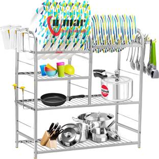 UMAR Utensil Kitchen Rack Steel 4-Tier Wall-Mounted Kitchen Rack for Dishes, Cutlery, and Utensil Storage