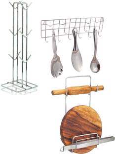 OC9 Utensil Kitchen Rack Steel Chakla Belan Stand & Cup Stand / Cup Holder / Tea Mug Holder & Ladle Hook Rail For Kitchen