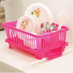 OTRO Dish Drainer Kitchen Rack Plastic 3 in 1 Large Sink Set Dish Rack Drainer Drying Rack (PINK)