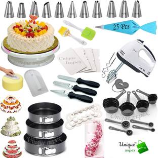 Unique Impex - 3 Pc Round Shape Cake Moulds + cake baking set combo + electric hand blender Kitchen Tool Set