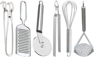 OC9 Wire Grater & Pakkad & Pizza Cutter & Egg Whisk & Roti Chimta & Potato Masher Kitchen Tool Set