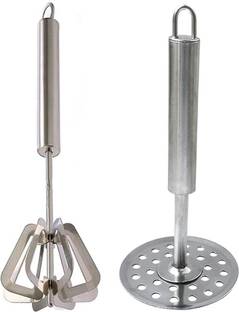 JISUN Stainless Steel Mathani, Hand Mixi Power Free Hand Blender & Potato Masher/Vegetable Masher/Pav Bhaji Masher Kitchen Tool Set