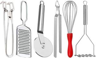 OC9 Wire Grater & Pakkad & Pizza Cutter & Egg Whisk & Roti Chimta & Potato Masher Kitchen Tool Set