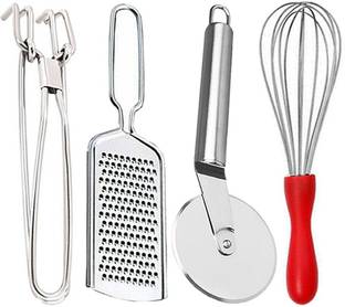 JISUN Stainless Steel Wire Grater & Utility Pakkad & Wheel Pizza Cutter & Egg Whisk Kitchen Tool Set