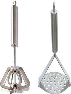 JISUN Stainless Steel Mathani, Hand Mixi Power Free Hand Blender/Ravai/Madhani & Potato Masher/Vegetable Masher/Pav Bhaji Masher Kitchen Tool Set