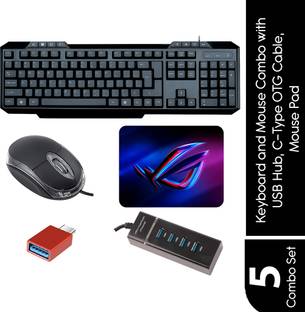 SKOG Combo of 5,USB Wired Keyboard & Mouse, Mouse Pad, type-C OTG and USB Hub Combo Set