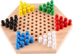 KNK Infotain Wooden Chinese Checkers Hexagon Board With Wooden Marbles ,3+