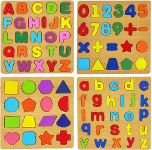 Rainbowstore Wooden Puzzles for Toddlers, Alphabet Numbers Shapes 4 Sets Puzzle Board
