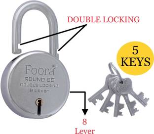 Foora Lock and key door lock for home round 65, 8 lever Padlock silver for gate U Padlock
