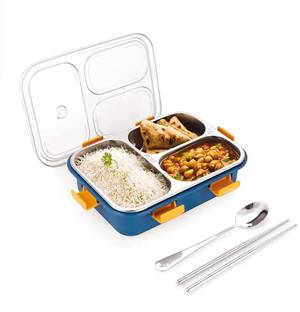 Kello Leak Proof 3 Compartment Stainless Steel Tiffin Boxes With (1 SPOON & CHOPSTICK) 1 Containers Lunch Box