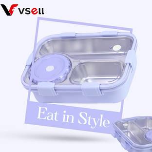 VSELL Stainless Steel Lunch box with Chopstick & Spoon for Office Food, Kids, Girls 3 Containers Lunch Box