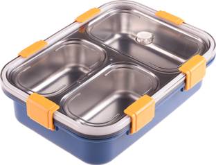 KUBER INDUSTRIES Stainless Steel 3 Compartments Lunch Box|Chopstick & Spoon|SUS304|Blue 3 Containers Lunch Box