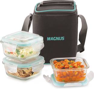 Magnus Vivid Solid Glass Lunch Box with Fixed Clip and Pouch 3 Containers Lunch Box