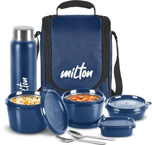 MILTON Pro Lunch Box (3 Containers, 1 Chutney Dabba, 1 Bottle, Spoon, Fork), Blue 4 Containers Lunch Box
