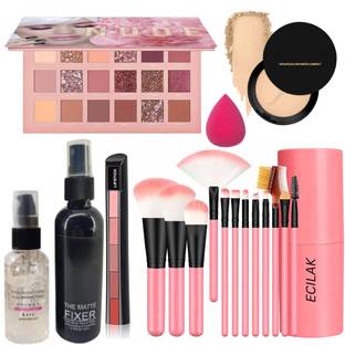 ECILAK Nude Eye Shadow,12 Pcs Brush, Fixer, Primer, Face Powder, Puff, 5in 1 Lipstick