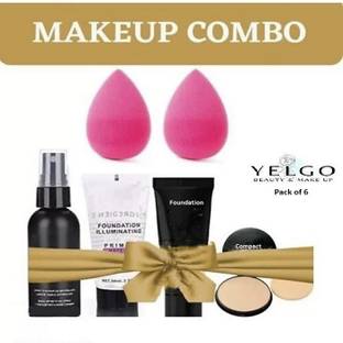 YELGO Makeup fixer & Makeup Primer & Foundation & Compact & Puff 2 pc. 6 items in set