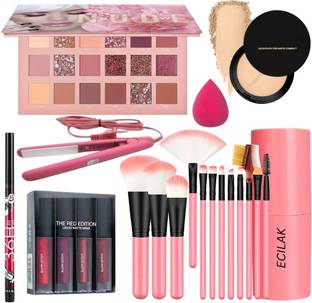 ECILAK Nude Eyeshadow, 12Pcs Brush, 4in1 Lipstick, 36H,Powder, Hair straightener,Puff