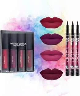 swenky Liquid Matte Lipsticks 4pc red edition plus 3 longlasting eyeliner (red, 33 g)
