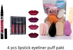 grasp Makeup Combo set of 4 Lipsticks, 6Pcs Sponge puff, Yanqina Eyeliner