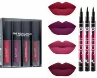 swenky Liquid Matte Lipsticks 4pc red edition plus 3 longlasting eyeliner (red, 33 g)