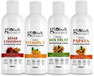 Globus Naturals Body Lotion Combo Set of 4, Kesar Chandan, Vitamin C & Mix Fruit, Papaya