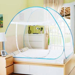 credicus Polyester Adults Washable Home Foldable King Size Mosquito Net for Double Bed with Soft Mesh and 2 Side Zipper Opening Doors White (200x200cm) Mosquito Net